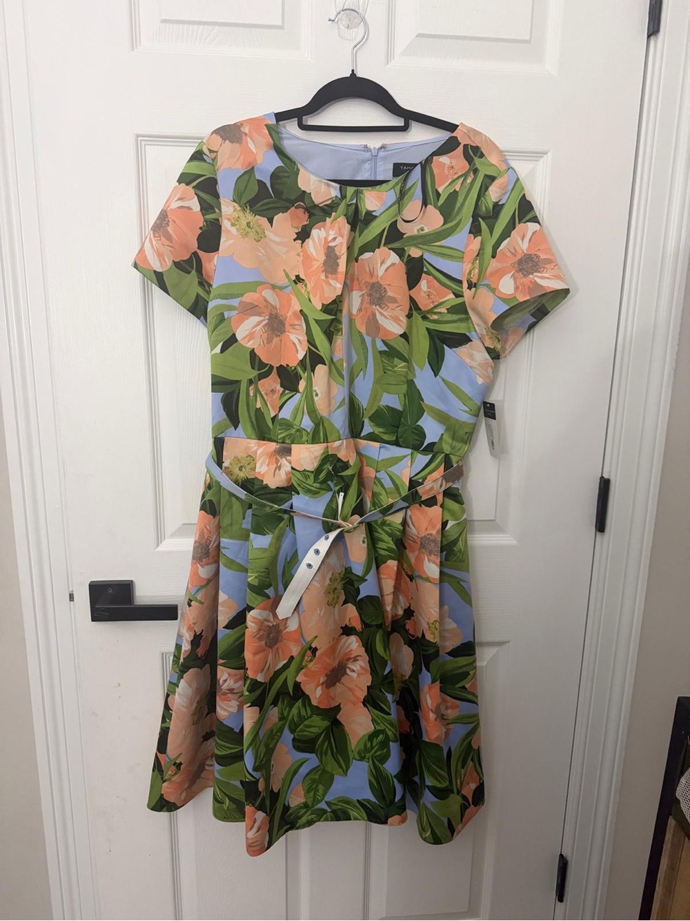 Tahari ASL Women's Green Floral Belted Pleated Short-Sleeve Fit & Flare Dress 16 - Picture 5 of 10